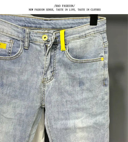 Summer Autumn Korean Designer Luxury Clothing Embroidered Slim Pencil Jeans Men Vintage Washed Casual Streetwear Cotton Trousers