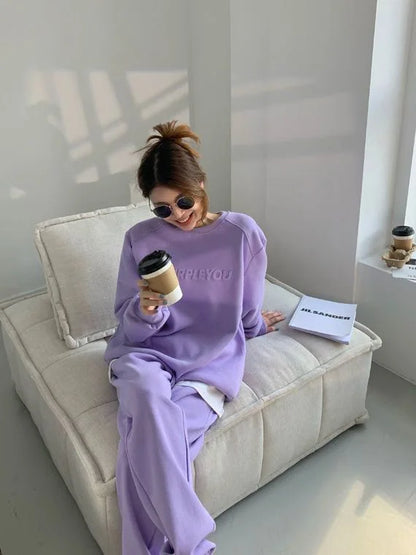Large Size Velvet Thickened Sports and Leisure Suit Women's Autumn and Winter New Fashion Loose Sweater Trousers Two-piece Set