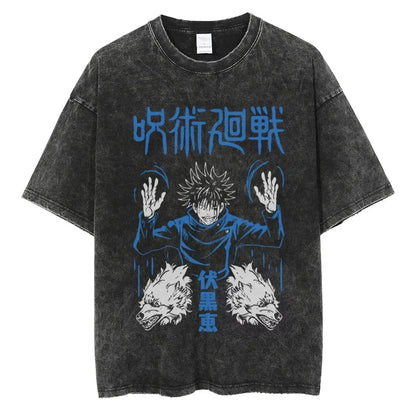 Vintage Anime Printed Washed T-shirt Men Women Cotton T Shirt Hip Hop Streetwear Summer Crew Neck Retro Short Sleeve Tees Tops