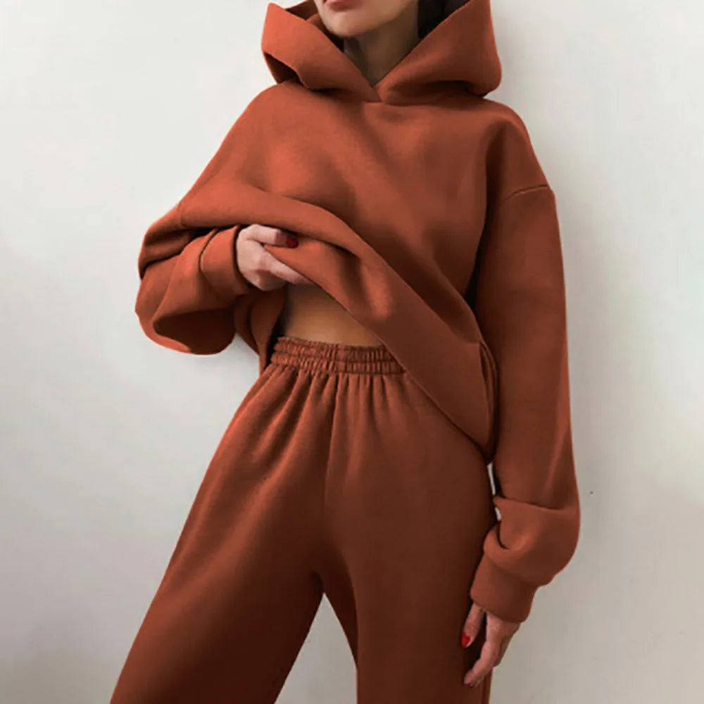 Autumn Winter Casual Thickened Sports Hooded Sweatshirt Trousers Suit Women's Fashion Loose Pocket Female Trousers 2 Pieces Set