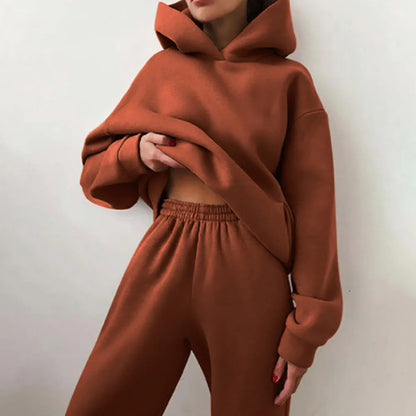 Autumn Winter Casual Thickened Sports Hooded Sweatshirt Trousers Suit Women's Fashion Loose Pocket Female Trousers 2 Pieces Set