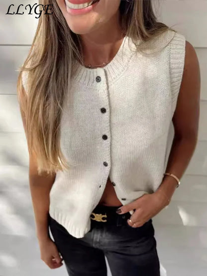 Casual Knitted Single Breasted Vest Women Loose Solid O Neck Sleeveless Female Waistcoat 2024 Autumn Lady All-match Streetwear