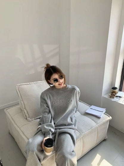 Large Size Velvet Thickened Sports and Leisure Suit Women's Autumn and Winter New Fashion Loose Sweater Trousers Two-piece Set