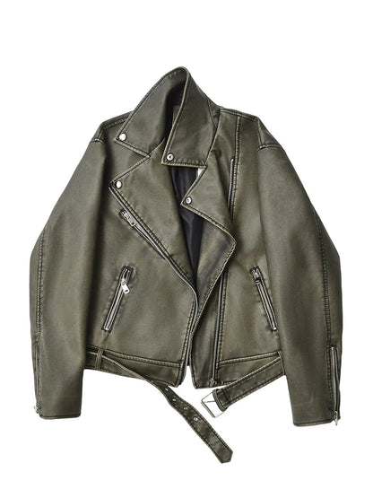 Ailegogo Streetwear Women Retro Loose Pu Faux Leather Jacket Spring Autumn Female Zipper Belt Coat Vintage Outwear