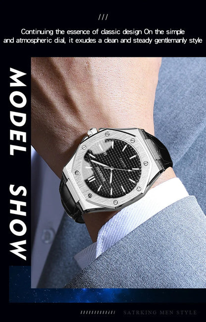 BINBOND Men's Watches Top Fashion Original Quartz Wrstwatch for Man Precision Steel Case Textured Dial Leather Strap Waterproof