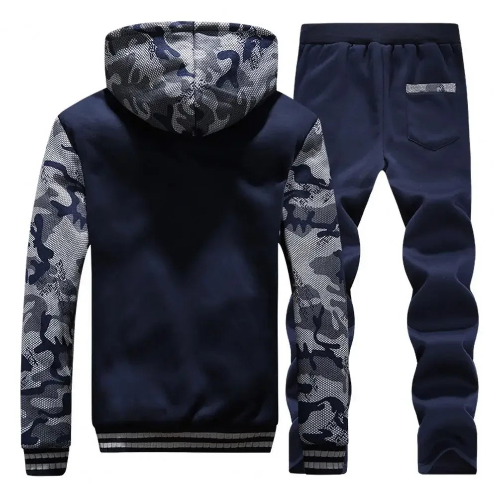New Fleece Men Set Fashion Brand Tracksuit Lined Thick Sweatshirt + Pants Sportswear Suit Male Winter Warm Hooded Outerwear Suit