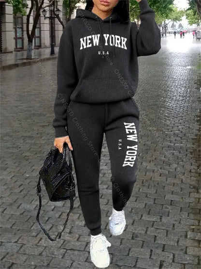 NEW YORK Women Sweatsuit Autumn Winter Two Piece Set Hoodie Pants High quality Loose Fashion Streetwear Ladies Tracksuit Outfits