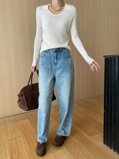 Curved Knife Cut Wide Leg Loose Jeans Look Slimmer 2024 Autumn Denim Pant
