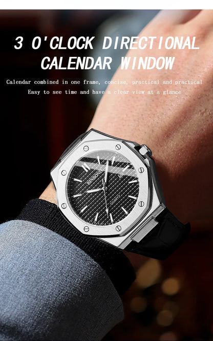 BINBOND Men's Watches Top Fashion Original Quartz Wrstwatch for Man Precision Steel Case Textured Dial Leather Strap Waterproof