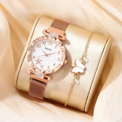 2 PCS New Women's Small Fresh Fashion Digital Rhinestone Star Quartz Watch Luxury Butterfly Jewelry Bracelet Birthday Gift Set