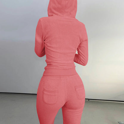 Autumn Winter Double-sided Velvet Vest 3 Piece Set For Woman's Fashion Hooded Sweatshirt Jacket Slim Pocket Trousers Female Suit