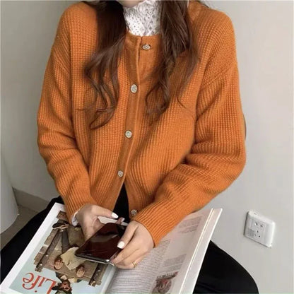 HELIAR Korean Sweet Cardigan Women Long Sleeve Fashion Elegant Knitted Tops Casual O Neck Single Breasted Female Casual Cardigan