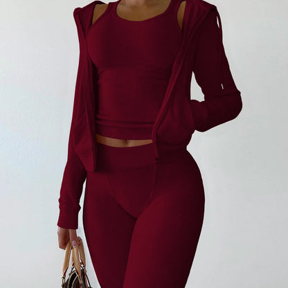 Autumn Winter Double-sided Velvet Vest 3 Piece Set For Woman's Fashion Hooded Sweatshirt Jacket Slim Pocket Trousers Female Suit