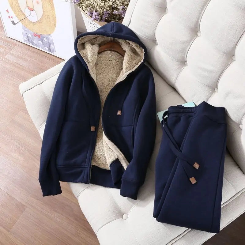 Women's Autumn Winter Plush Thickened Warm Tracksuits Casual Solid Zipper Long Sleeve Hooded Coat And Sweatpants Two Piece Sets