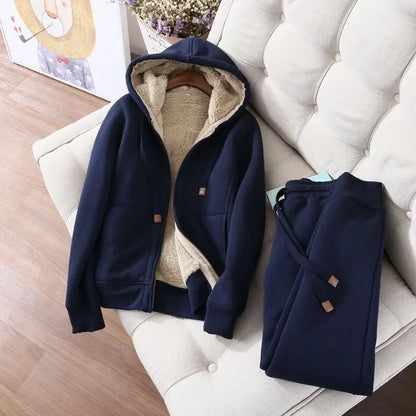 Women's Autumn Winter Plush Thickened Warm Tracksuits Casual Solid Zipper Long Sleeve Hooded Coat And Sweatpants Two Piece Sets