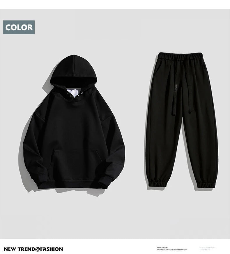 Spring Autumn Men Suit Thickened Warm Windproof Hooded Long Sleeve Trouser Solid Color Casual Sports Two Piece Running Sport Set