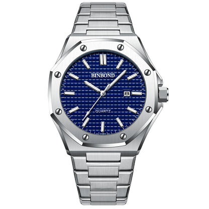 BINBOND Men's Watches Top Fashion Original Quartz Wrstwatch for Man Precision Steel Case Textured Dial Leather Strap Waterproof