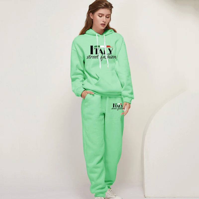 Womens Pants Suit Print Casual Hooded Sweatshirt Set Sports Jogging Woman Clothing AutumnWinter Office Home Tracksuit Street y2k
