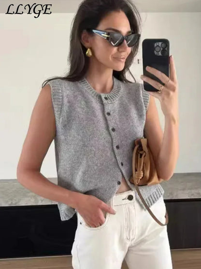 Casual Knitted Single Breasted Vest Women Loose Solid O Neck Sleeveless Female Waistcoat 2024 Autumn Lady All-match Streetwear