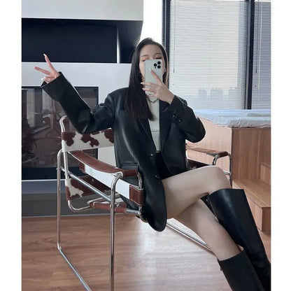 Korean Black Leather Jacket Women Streetwear Loose Formal Leather Blazers Female Fashion Trend Chic Punk Leather Jacket 2023 New