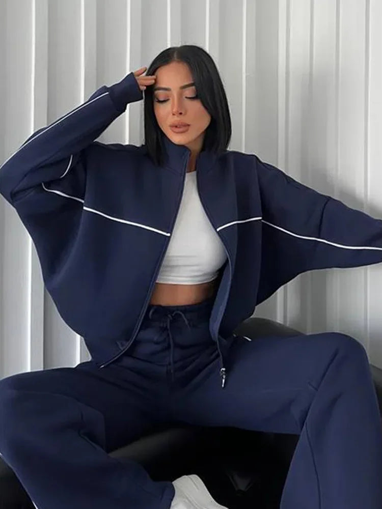 Jacket Women Tracksuit Wide Leg Pants Two Pieces Set Half High Neck Zippers Cardigan Outerwear Drawstring Pockets Matching Set