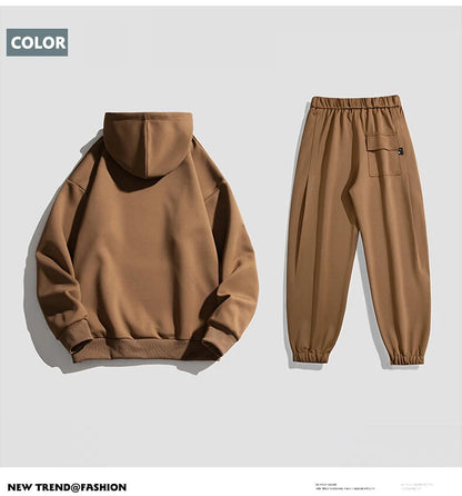 Spring Autumn Men Suit Thickened Warm Windproof Hooded Long Sleeve Trouser Solid Color Casual Sports Two Piece Running Sport Set