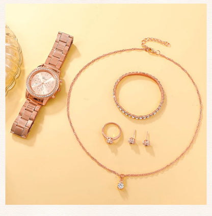 6PCS Set Luxury Watch Women Ring Necklace Earring Rhinestone Fashion Wristwatch Casual Ladies Watches Bracelet Set Clock