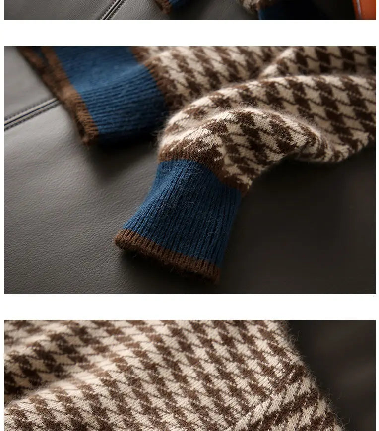 Houndstooth half turtleneck loose and thin knitted sweater women 22 autumn long sleeve casual plaid pullover sweater female