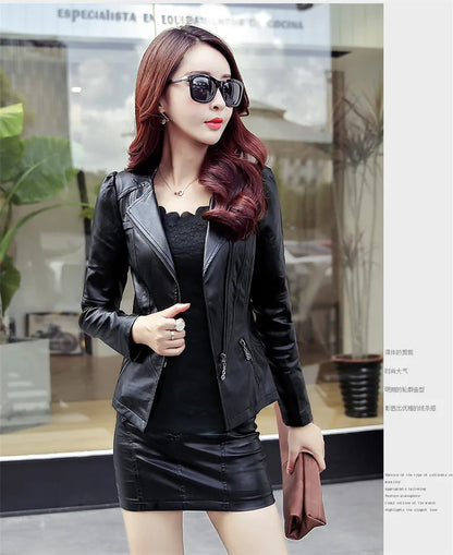 Fashion New Women's Leather Jacket Bright Colors Black Motorcycle Coat Short Faux Leather Biker Jacket Soft Jacket Female