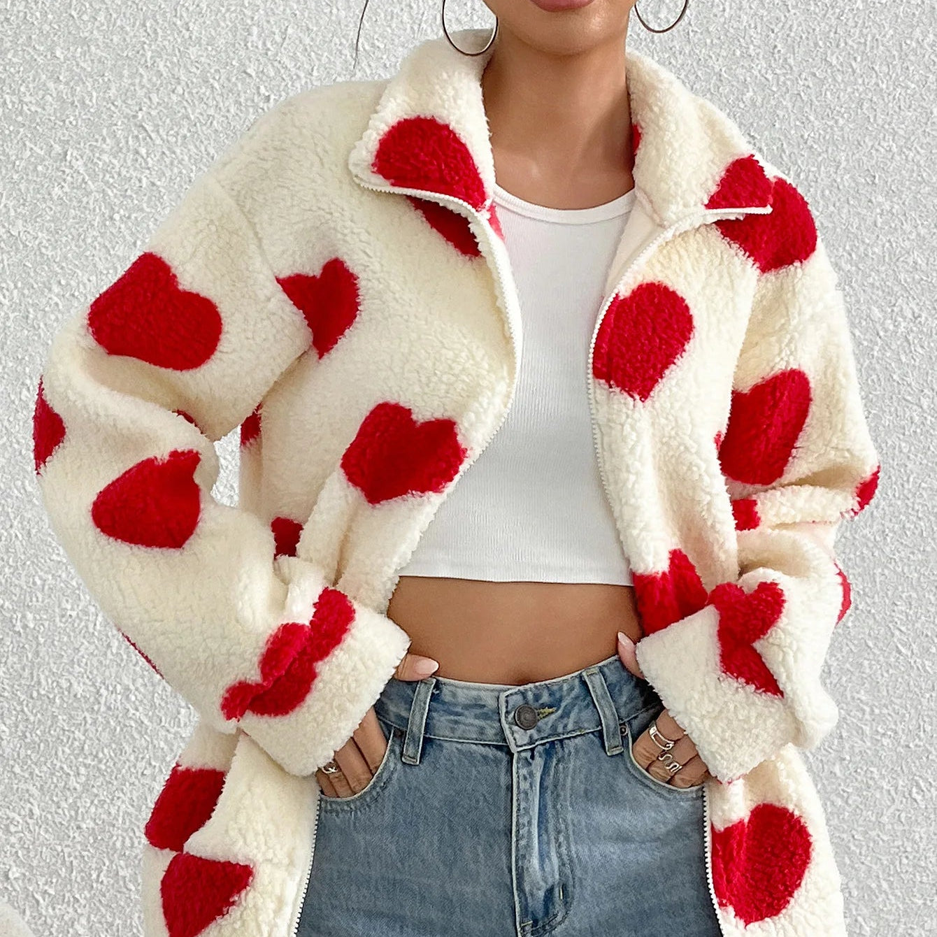 Women’s Fleece Heart-Print Zip Jacket