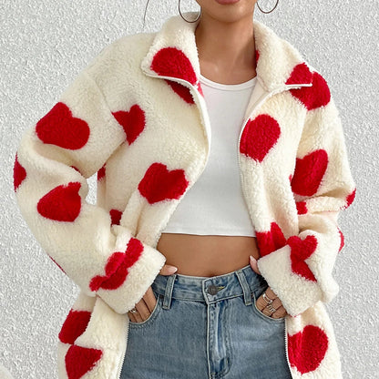 Women’s Fleece Heart-Print Zip Jacket