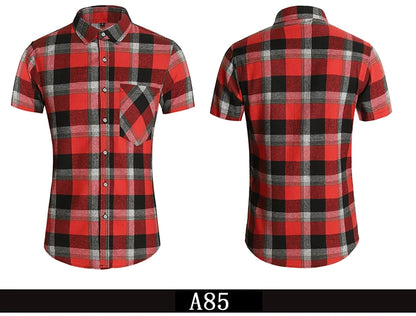 Striped Plaid Short Sleeved Shirt Men's Single-breasted Square Collar Cotton Shirts Summer Fashion Casual Camisa Men Chemise 7XL