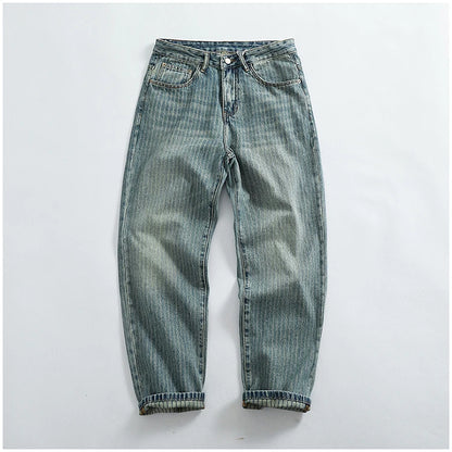 Heavy chunky jeans men vintage do old wash dark vertical texture of loose straight leg denim pants