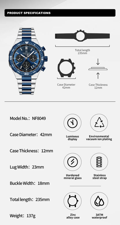 NAVIFORCE Fashion Watch For Men High Quality Luxury Stainless Steel Waterproof Classic Quartz Wristwatches Male Big Face Clock