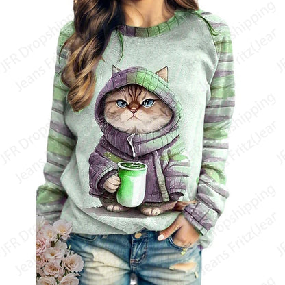 Coffee Cat 3d Print Hoodie Women Fashion Crew Neck Casual Hoodies Animal Cat Sweatshirts Girl Coats Women Sweats Female Clothes