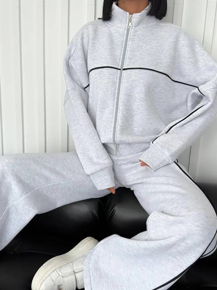 Jacket Women Tracksuit Wide Leg Pants Two Pieces Set Half High Neck Zippers Cardigan Outerwear Drawstring Pockets Matching Set