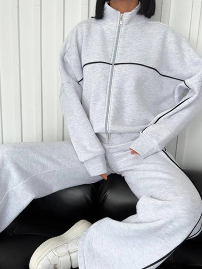 Jacket Women Tracksuit Wide Leg Pants Two Pieces Set Half High Neck Zippers Cardigan Outerwear Drawstring Pockets Matching Set