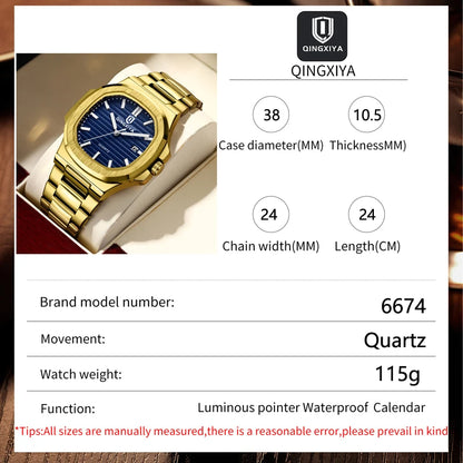 QINGXIYA Brand Fashion Square Dial Quartz Watch for Men Gold Stainless Steel Waterproof Luminous Calendar Luxury Mens Watch