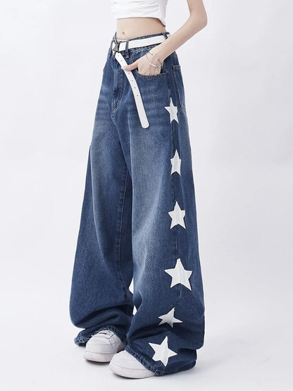 American Retro Jeans Five-point Star Raw Edge Splicing Loose Wide-leg Jeans Women Look Thin Trendy All-match Mopping Pants Women