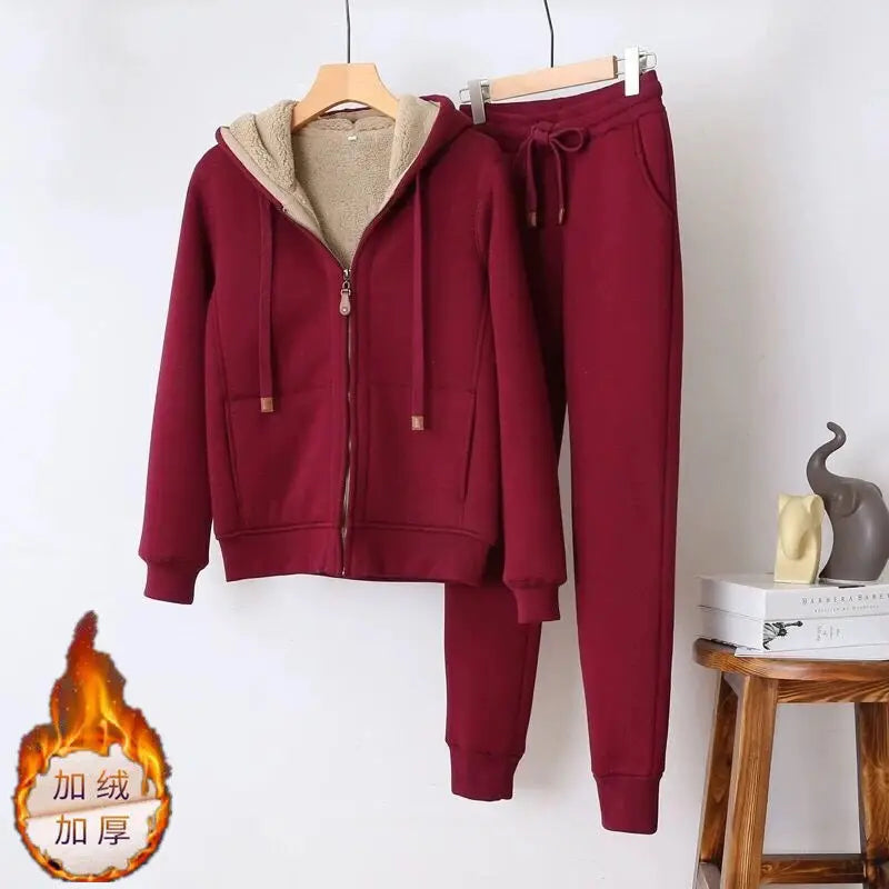 Women's Autumn Winter Plush Thickened Warm Tracksuits Casual Solid Zipper Long Sleeve Hooded Coat And Sweatpants Two Piece Sets