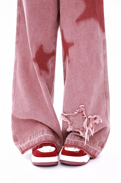 American Retro Jeans Five-point Star Raw Edge Splicing Loose Wide-leg Jeans Women Look Thin Trendy All-match Mopping Pants Women