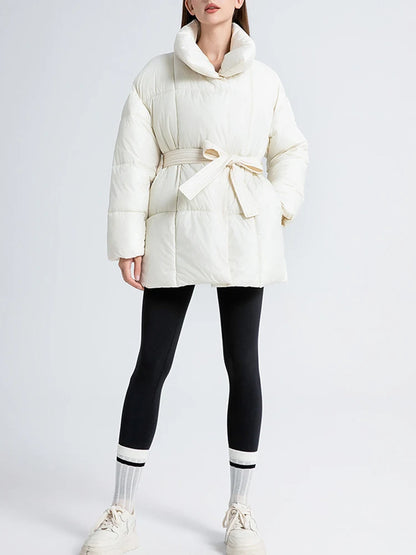 LANMREM Women's Parkas Solid Color Warm Cotton Padded Coat Jacket Belt Gathered Waist Female Fashion Winter Clothing 2DB1775