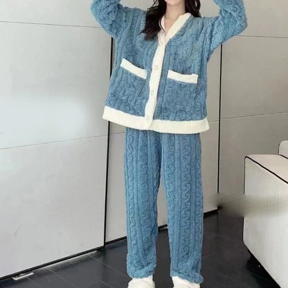 Women Velvet Pajama Set Fleecing Warm Loose Top And Elastic Waist Pants Casual Warm Woolen Suit Women 2024 Winter Men Sleepwear