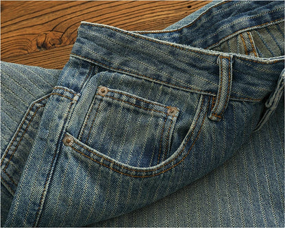 Heavy chunky jeans men vintage do old wash dark vertical texture of loose straight leg denim pants