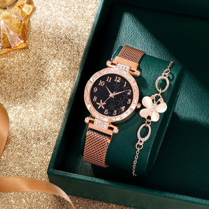 2 PCS New Women's Small Fresh Fashion Digital Rhinestone Star Quartz Watch Luxury Butterfly Jewelry Bracelet Birthday Gift Set