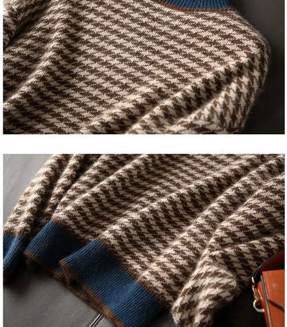 Houndstooth half turtleneck loose and thin knitted sweater women 22 autumn long sleeve casual plaid pullover sweater female