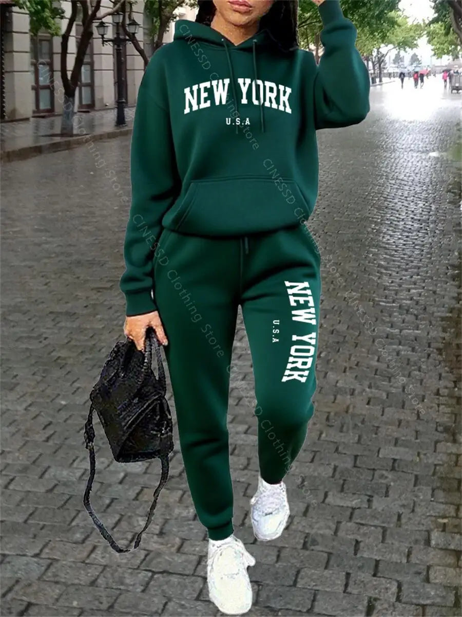 NEW YORK Women Sweatsuit Autumn Winter Two Piece Set Hoodie Pants High quality Loose Fashion Streetwear Ladies Tracksuit Outfits