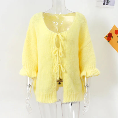 Bow Lace Up Hollow Out Knitted Cardigan  for Women