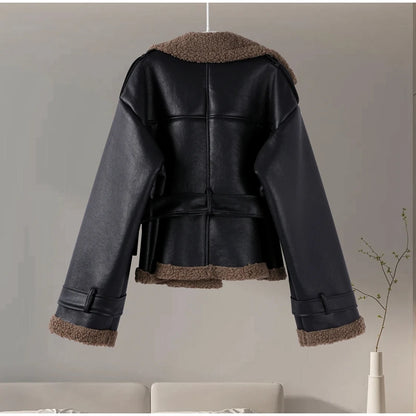 Vintage Faux Pu Leather Winter Jackets Women Casual Patchwork Lace Up Full Sleeve Female Coat Turn-down Collar Ladies Outwears
