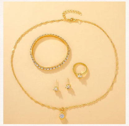 6PCS Set Luxury Watch Women Ring Necklace Earring Rhinestone Fashion Wristwatch Casual Ladies Watches Bracelet Set Clock
